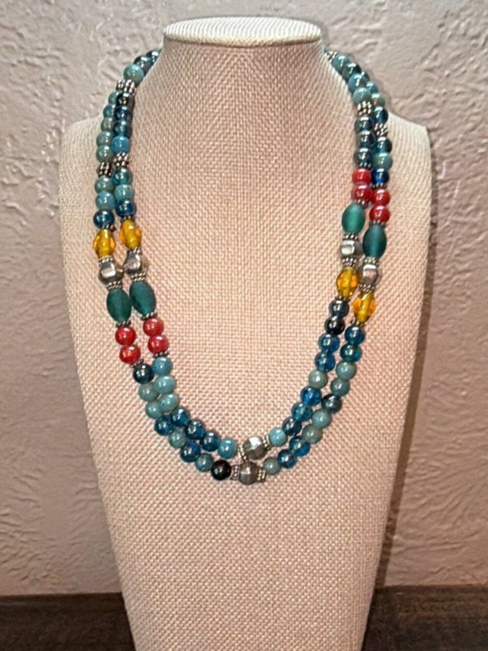 Artisan Handmade Italian Glass Silver Beaded Double Strand Statement Necklace